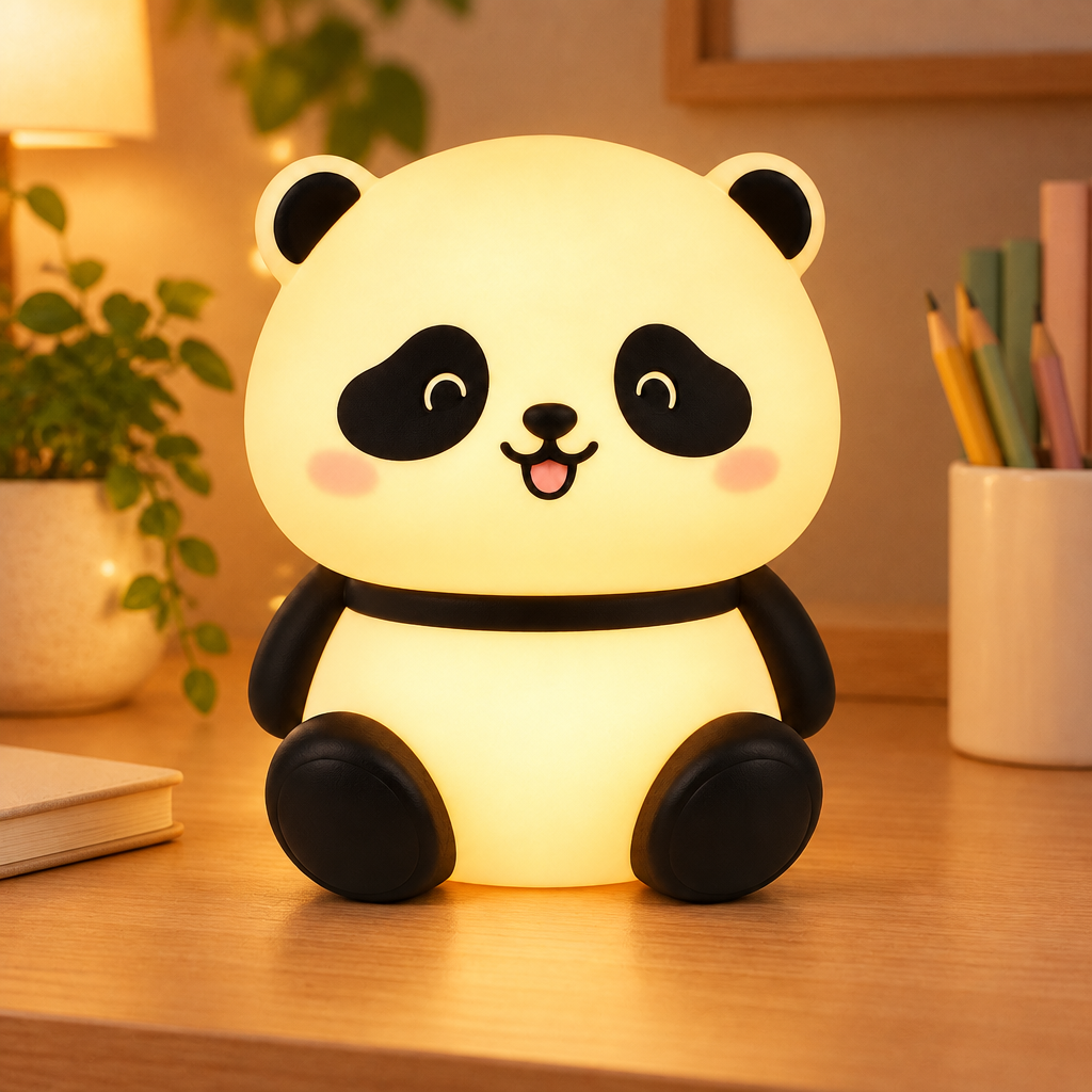 Cute panda LED night lamp on a neat study desk