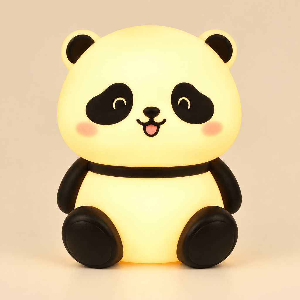 Close-up of cute panda LED night lamp with a soft warm glow